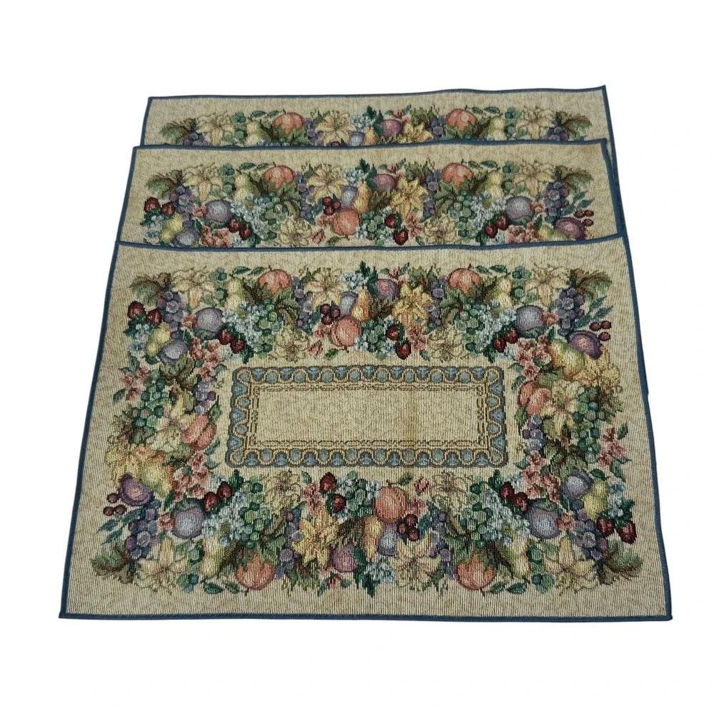 Vintage Fruit Floral Woven Tapestry Table Runner 70in & 3 Placemats Set